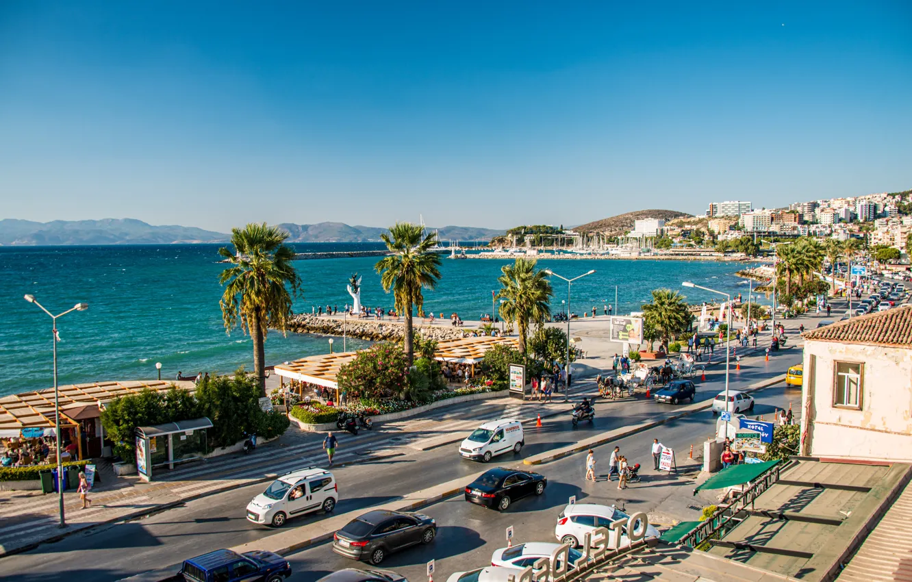 Photo wallpaper sea, palm trees, yachts, promenade, Turkey, Kusadasi