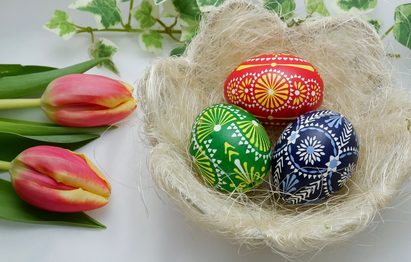 Photo wallpaper leaves, red, holiday, pattern, eggs, bouquet, spring, Easter