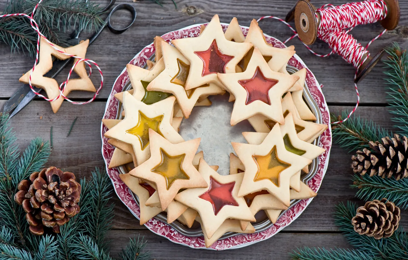 Photo wallpaper winter, stars, branches, food, spruce, cookies, stars, thread