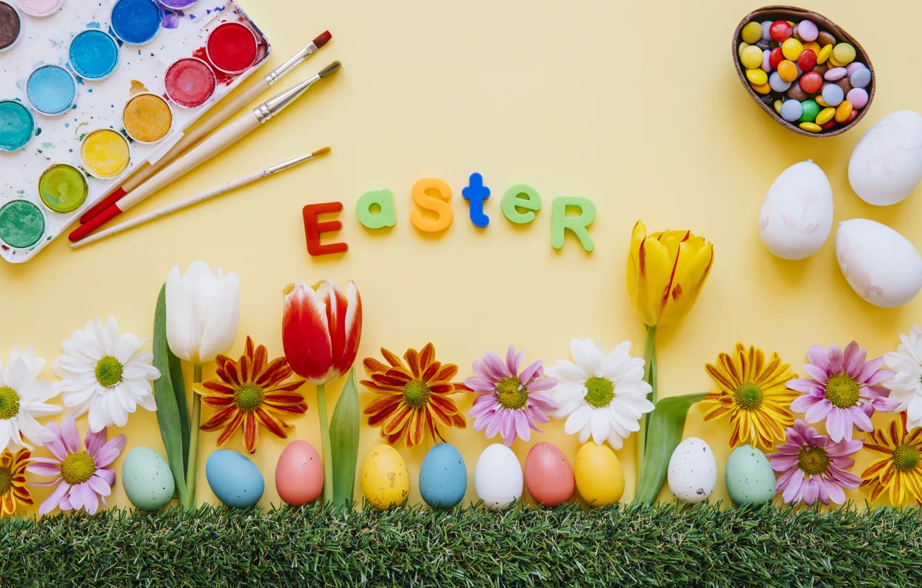 Photo wallpaper Flowers, Easter, Eggs, Brush, Holiday, Paint