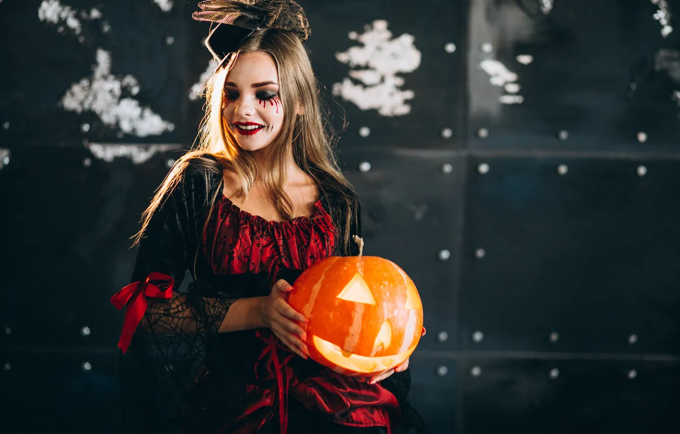 Photo wallpaper autumn, girl, the dark background, holiday, makeup, pumpkin, Halloween, witch