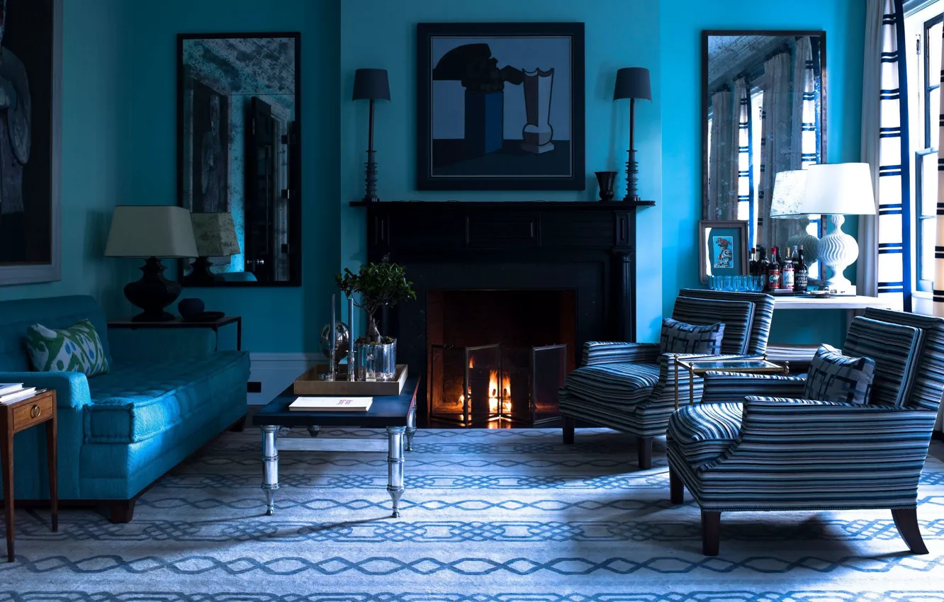 Photo wallpaper design, style, room, interior, fireplace, living room, sky-blue theme for living room