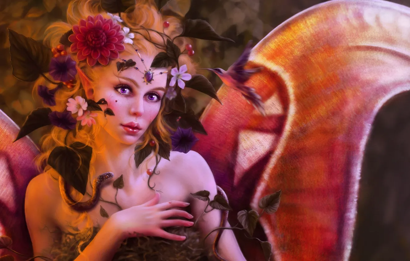 Photo wallpaper girl, flowers, birds, wings, art, Tanya Varga