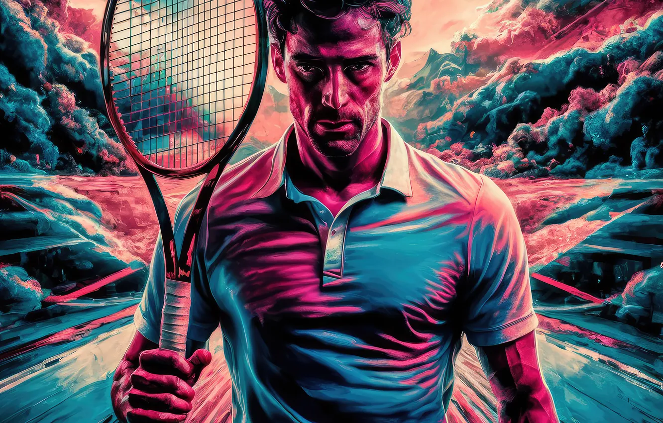 Photo wallpaper look, racket, male, tennis, digital art, AI art, The Art of Artificial Intelligence, neural network