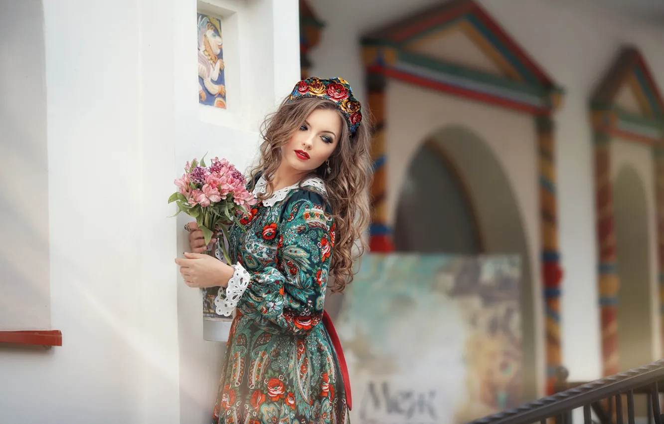 Photo wallpaper look, girl, flowers, pose, model, dress, beautiful, Anastasia Grosheva