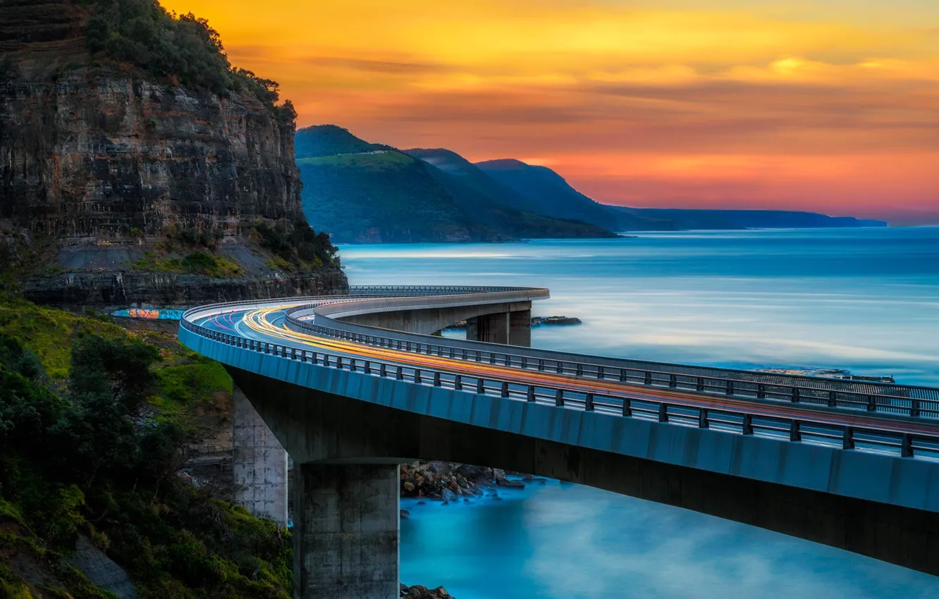 Photo wallpaper mountains, bridge, the ocean, Australia, Sea Cliff Bridge