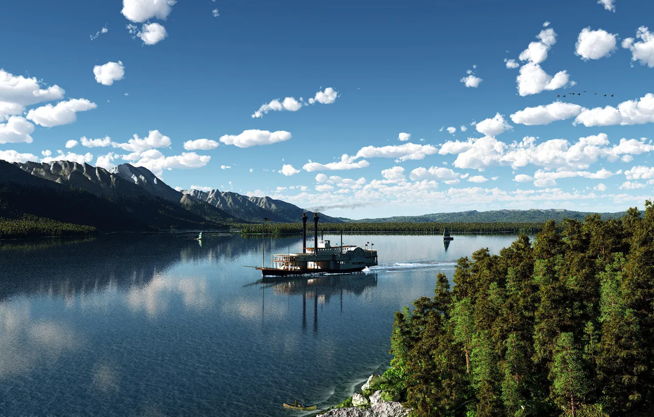 Photo wallpaper forest, landscape, mountains, river, fiction, steamer