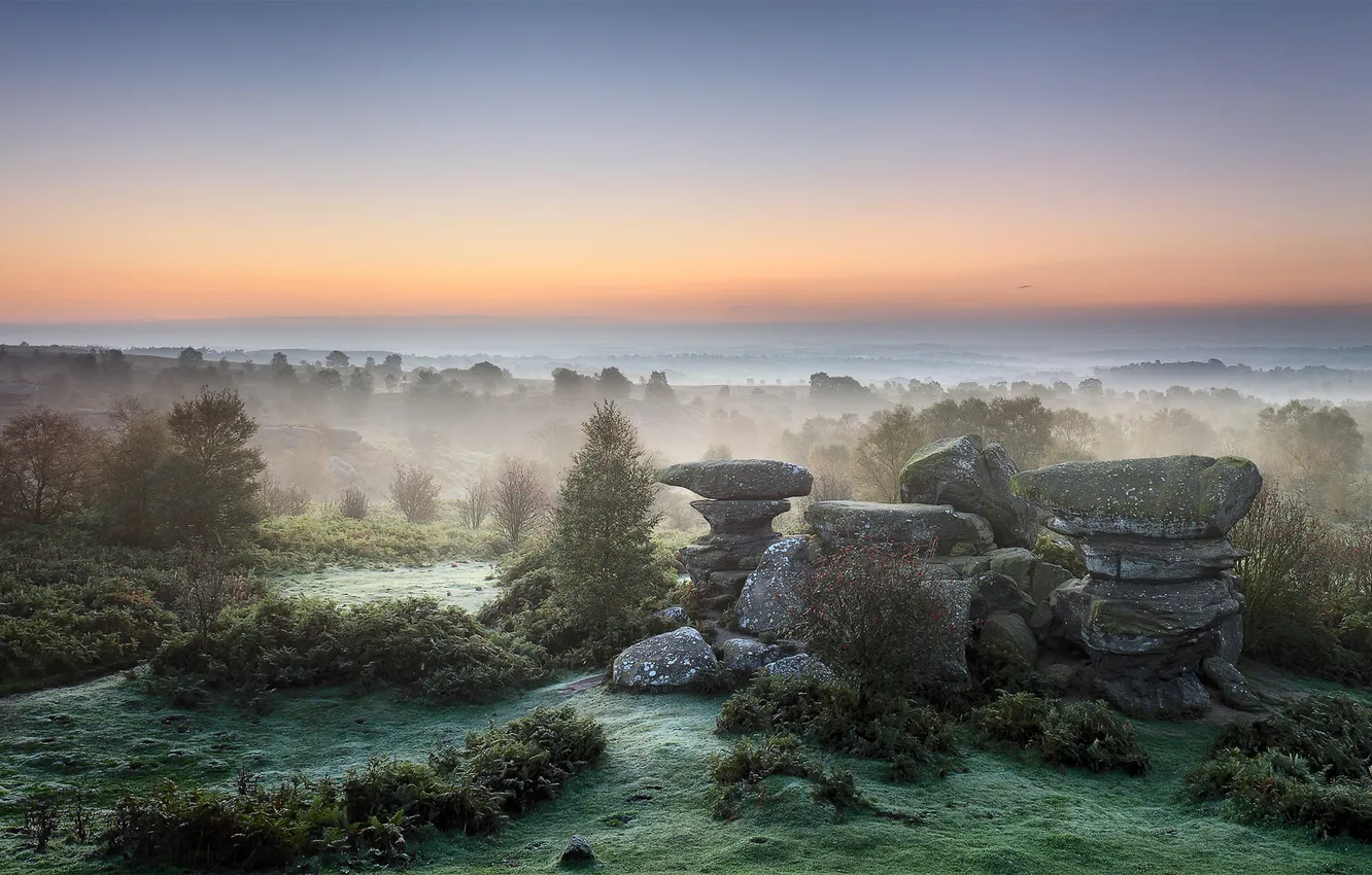Photo wallpaper the sky, trees, fog, stones, hills, dal, horizon