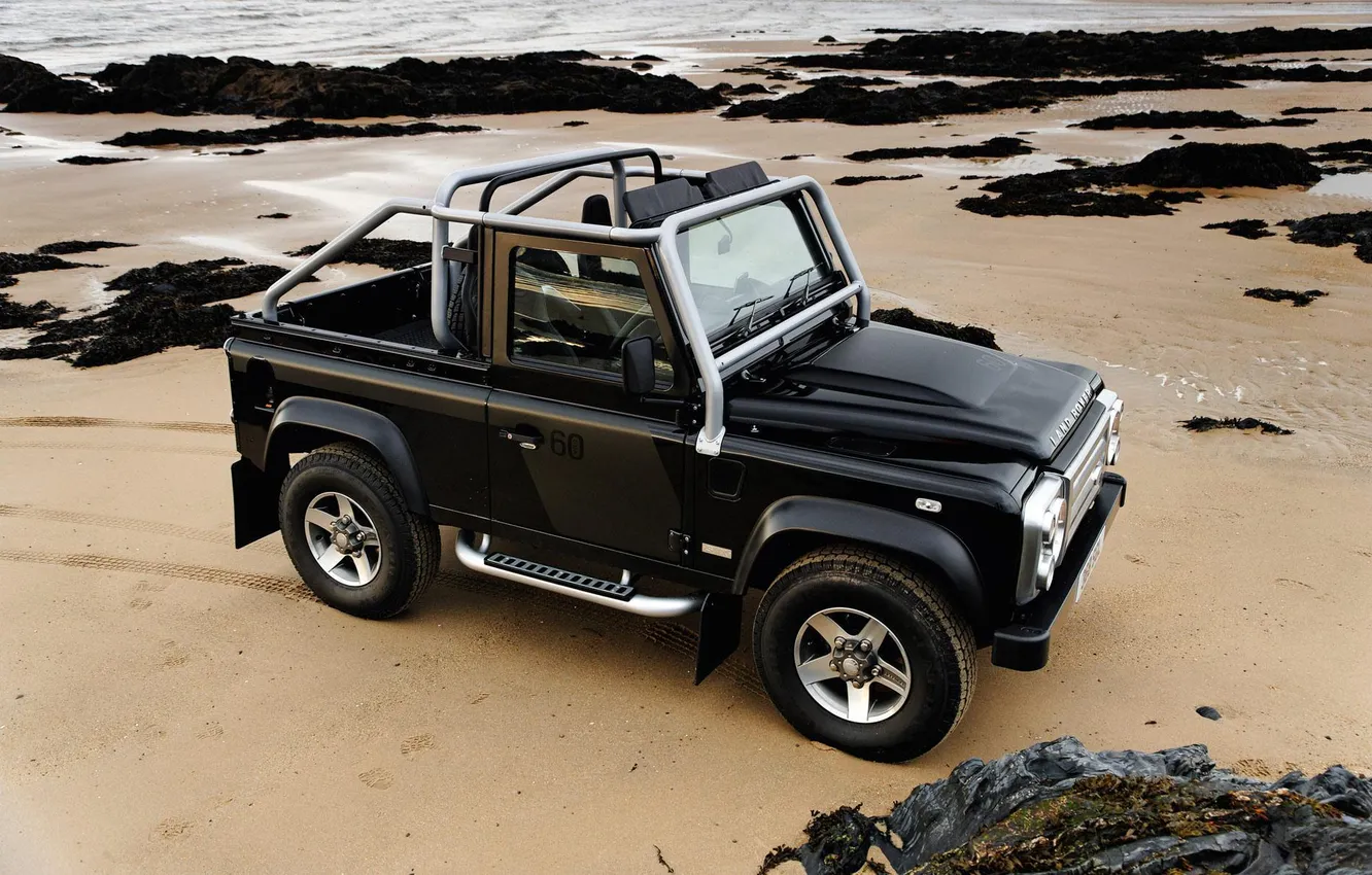 Photo wallpaper sand, sea, wave, beach, stones, SUV, UK, Land Rover