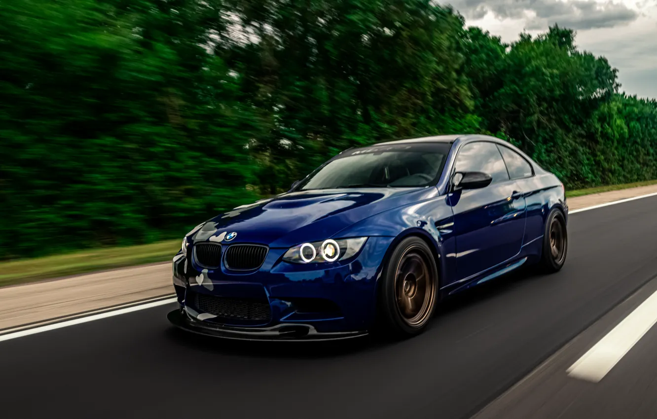 Photo wallpaper BMW, Blue, E92, Road, Forest