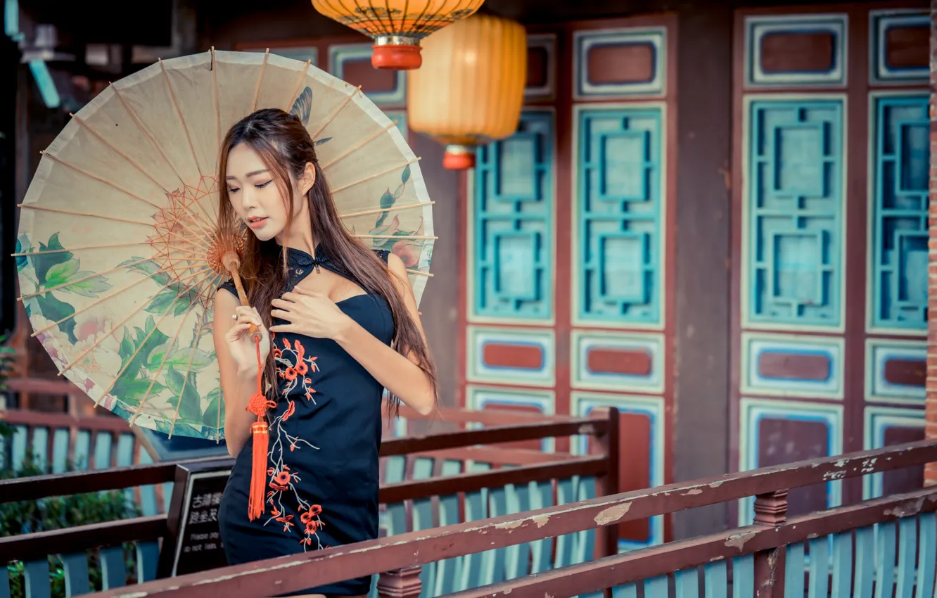 Photo wallpaper girl, umbrella, dress, Asian