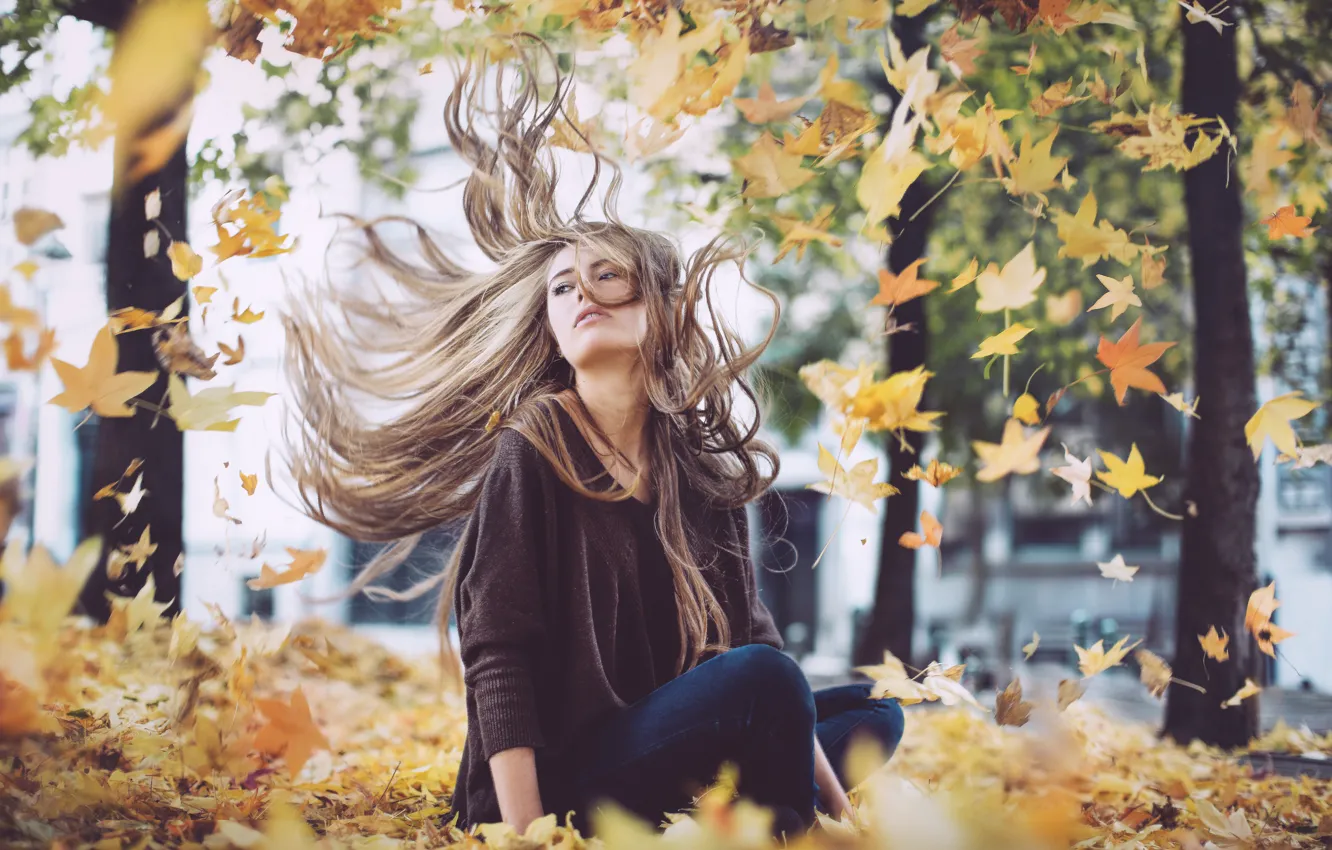 Photo wallpaper autumn, girl, the wind, foliage