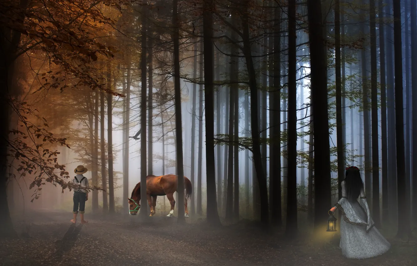 Photo wallpaper forest, girl, rendering, horse, collage, horse, guy
