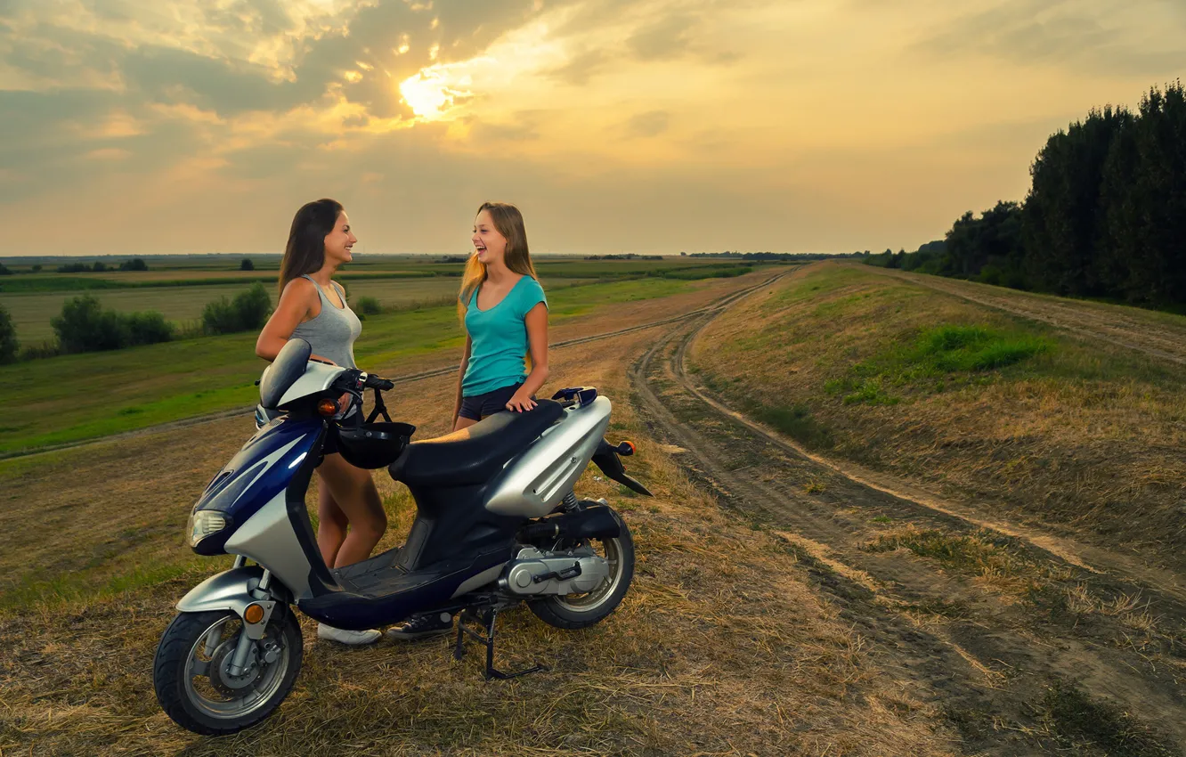 Photo wallpaper field, girls, shorts, two, the evening, helmet, scooter, smile