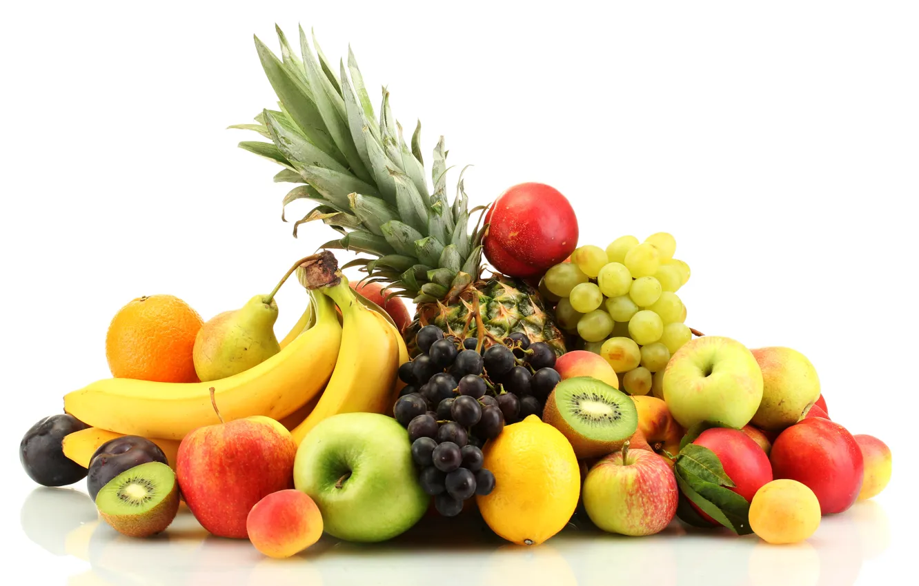 Photo wallpaper berries, apples, oranges, grapes, bananas, fruit, pineapple, peaches