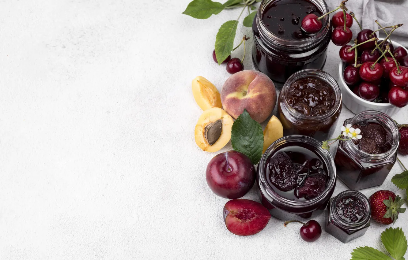 Photo wallpaper cherry, berries, strawberry, Bank, fruit, peaches, different, cherry