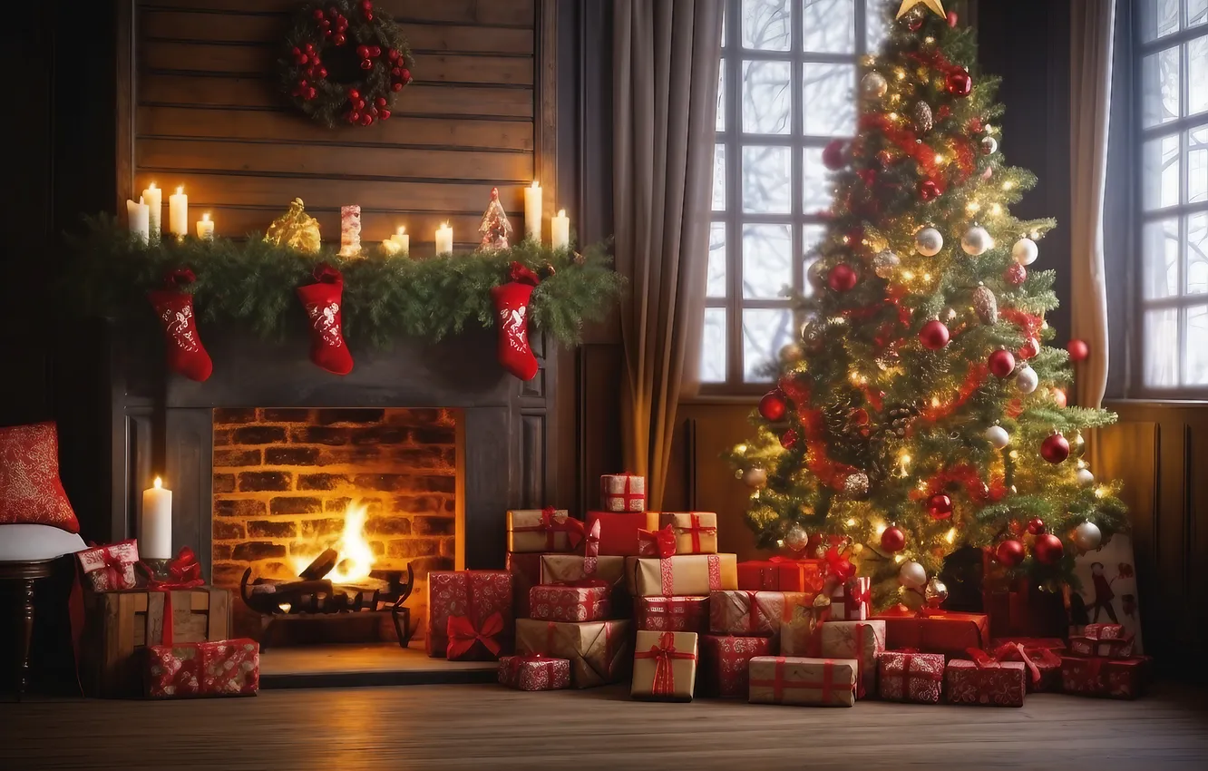 Photo wallpaper room, tree, new year, interior, Christmas, fireplace, Christmas, view