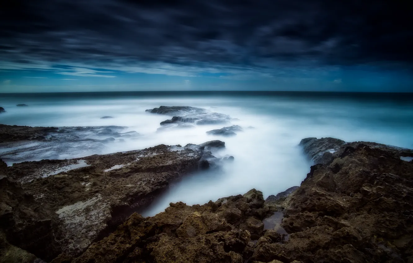 Photo wallpaper sea, wave, clouds, stones, storm, horizon, gray clouds