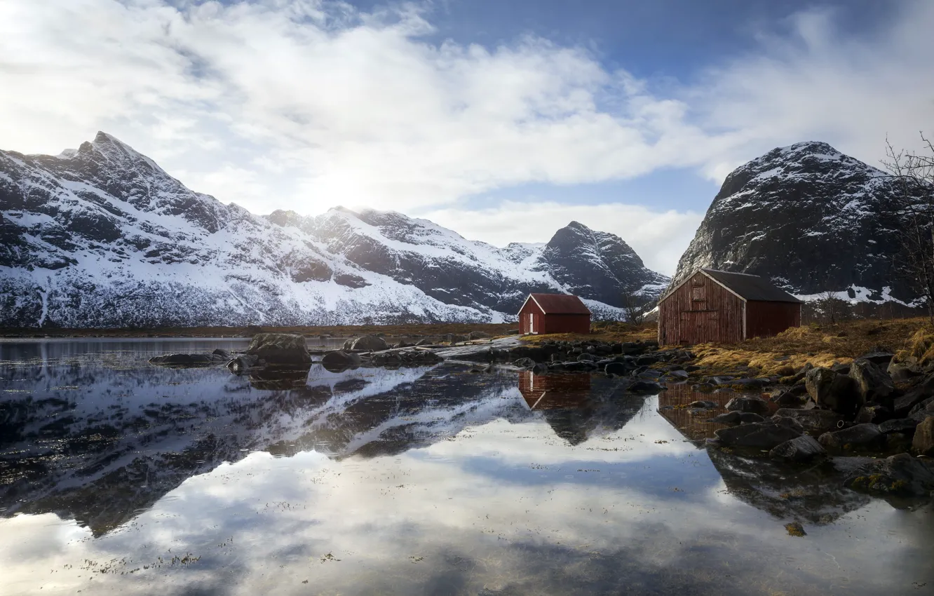 Photo wallpaper mountains, nature, lake, Norway, Lofoten, The Huts of the Selfjord