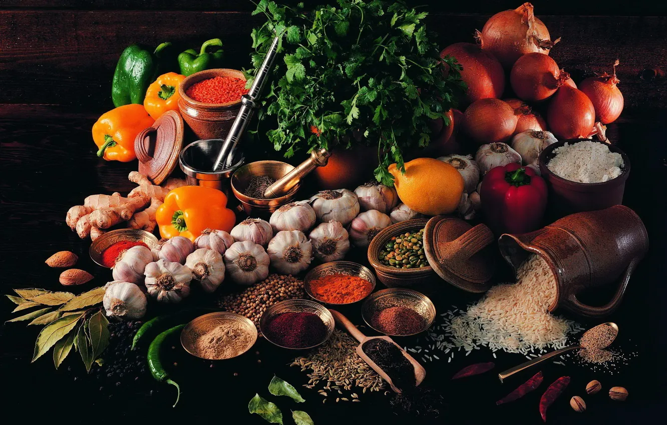 Photo wallpaper figure, vegetables, a lot, parsley, spices, garlic, ginger, bell pepper