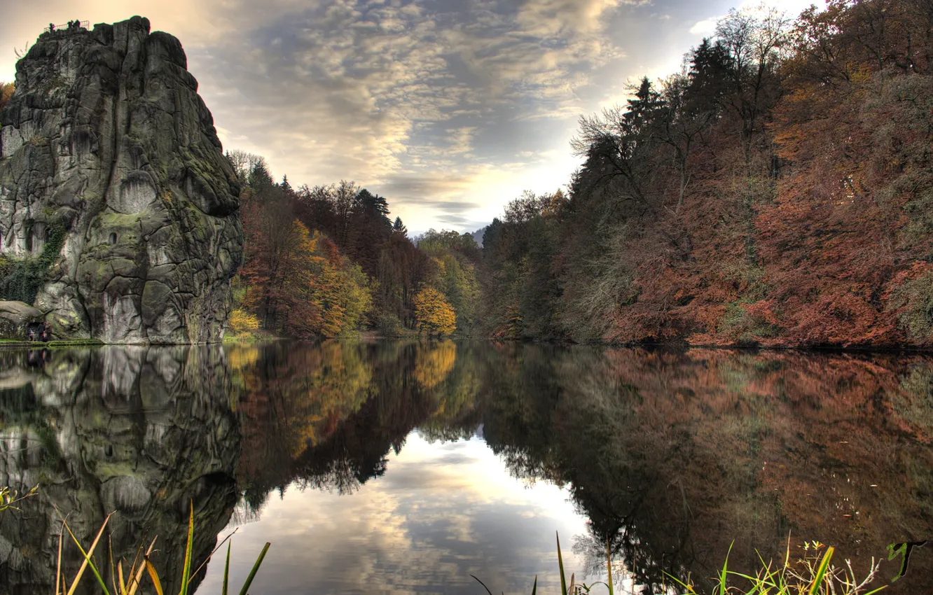 Photo wallpaper autumn, water, trees, rock, lake