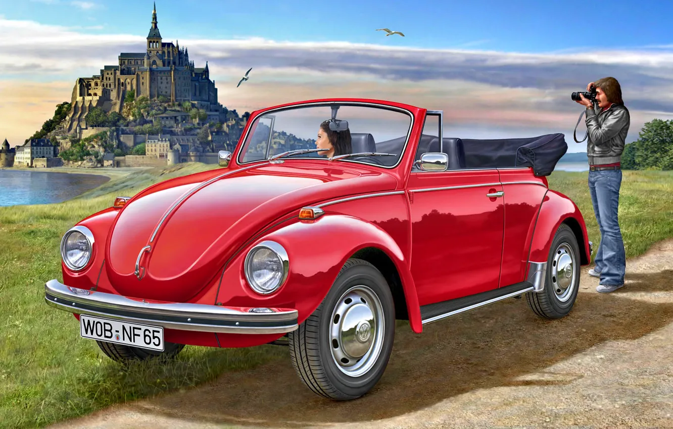 Photo wallpaper Girl, Volkswagen, Seagulls, Male, 1970, Beetle, Cabriolet