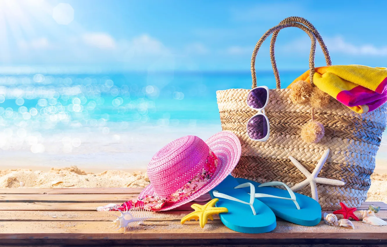 Photo wallpaper beach, summer, stars, stay, hat, glasses, shell, summer
