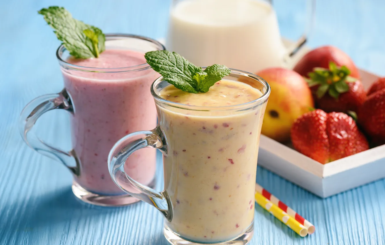 Photo wallpaper berries, Breakfast, fruit, vitamins, smoothies with yogurt