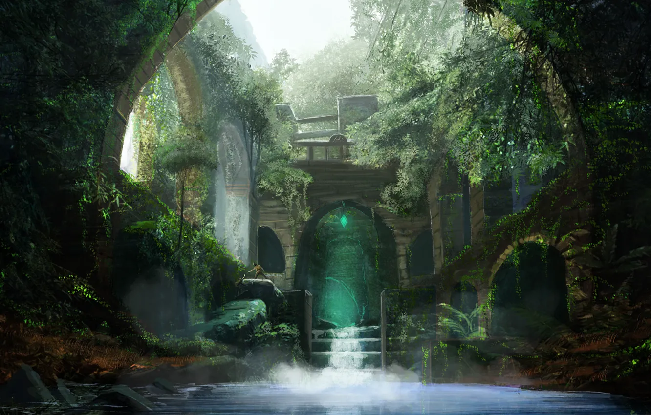 Photo wallpaper water, thickets, people, art, arch, ruins