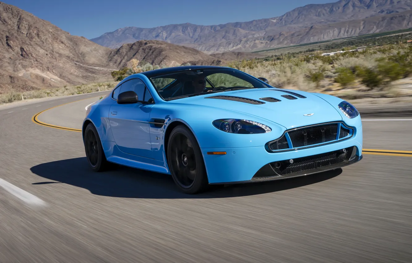 Photo wallpaper road, blue, Aston Martin, speed, Vantage, V12, Aston Martin car