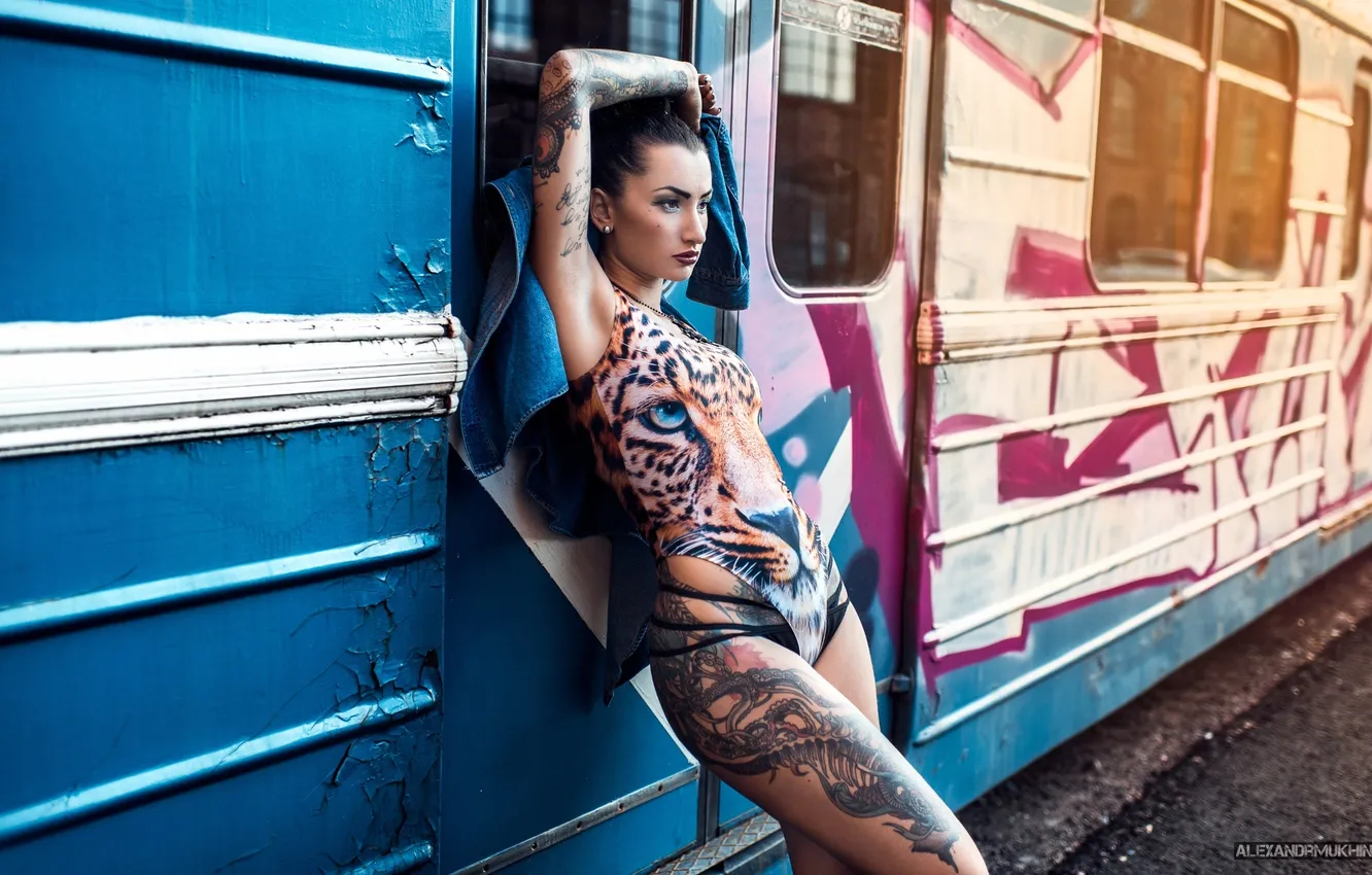 Photo wallpaper girl, tiger, train, photographer, girl, photography, photographer, Alexander Mukhin