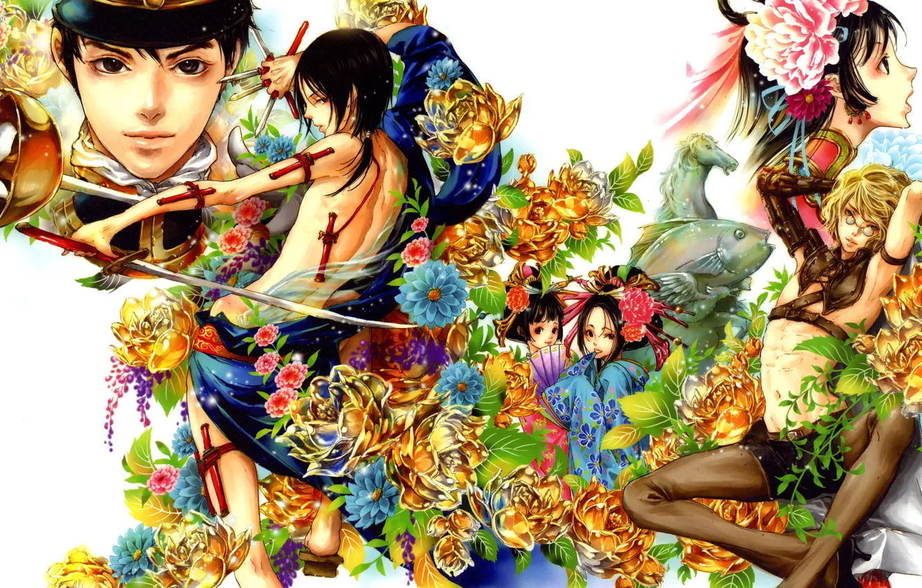 Photo wallpaper look, girl, flowers, weapons, anime, art, Adekan, we're not them