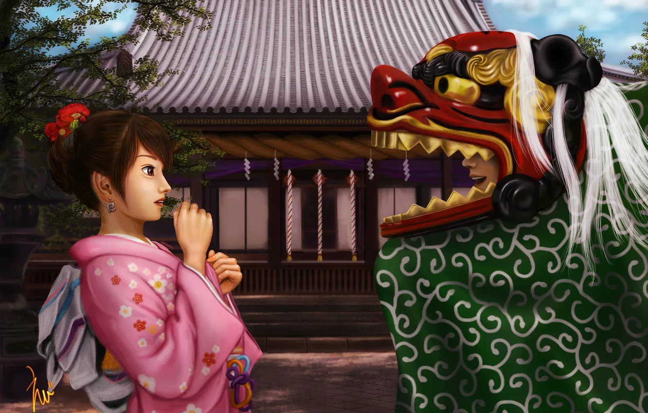Photo wallpaper girl, dragon, head, art, costume, kimono, ebi