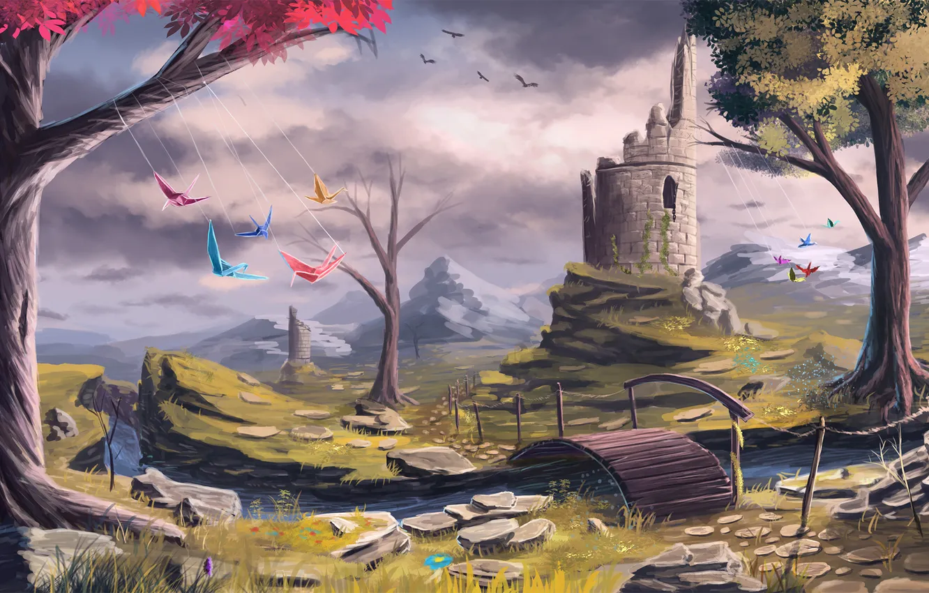 Photo wallpaper autumn, trees, clouds, bridge, stream, tower, art, ruins