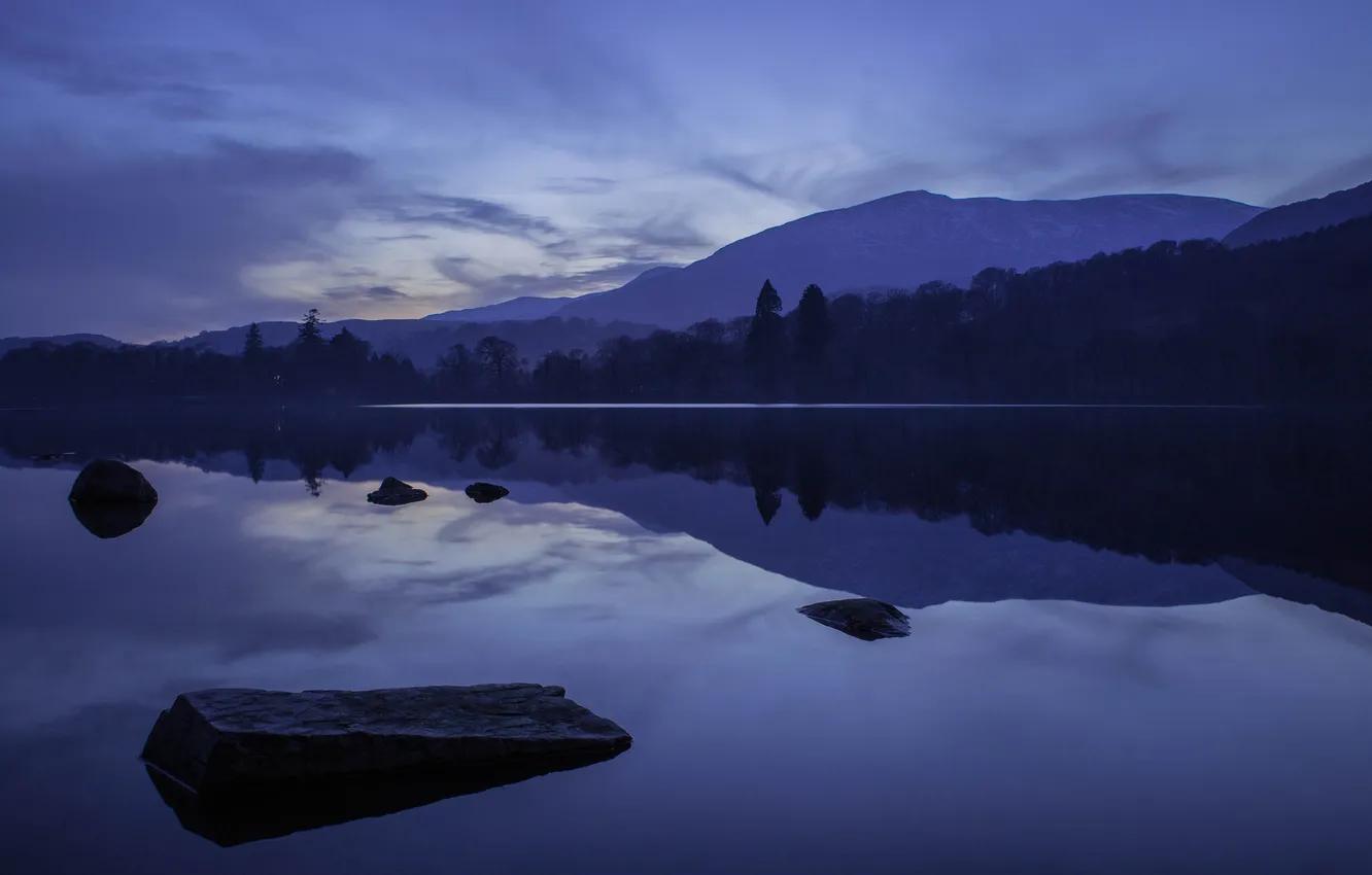 Photo wallpaper forest, mountains, lake, haze, twilight, England, Coniston