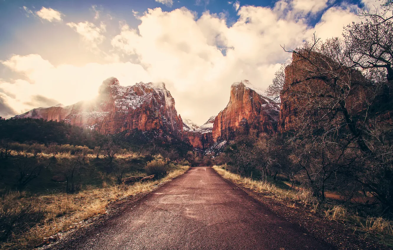 Photo wallpaper road, clouds, mountains