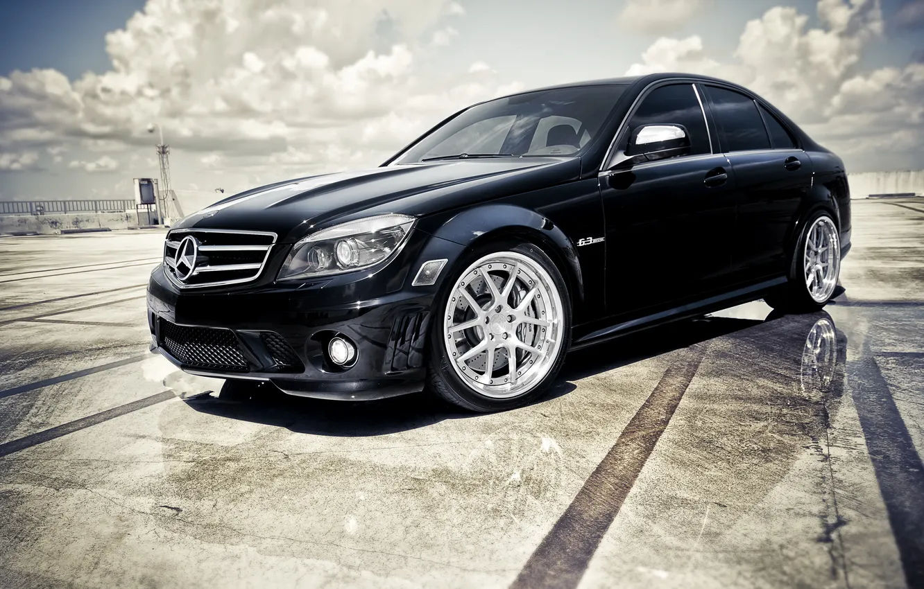 Photo wallpaper clouds, black, Mercedes, Mercedes, c class