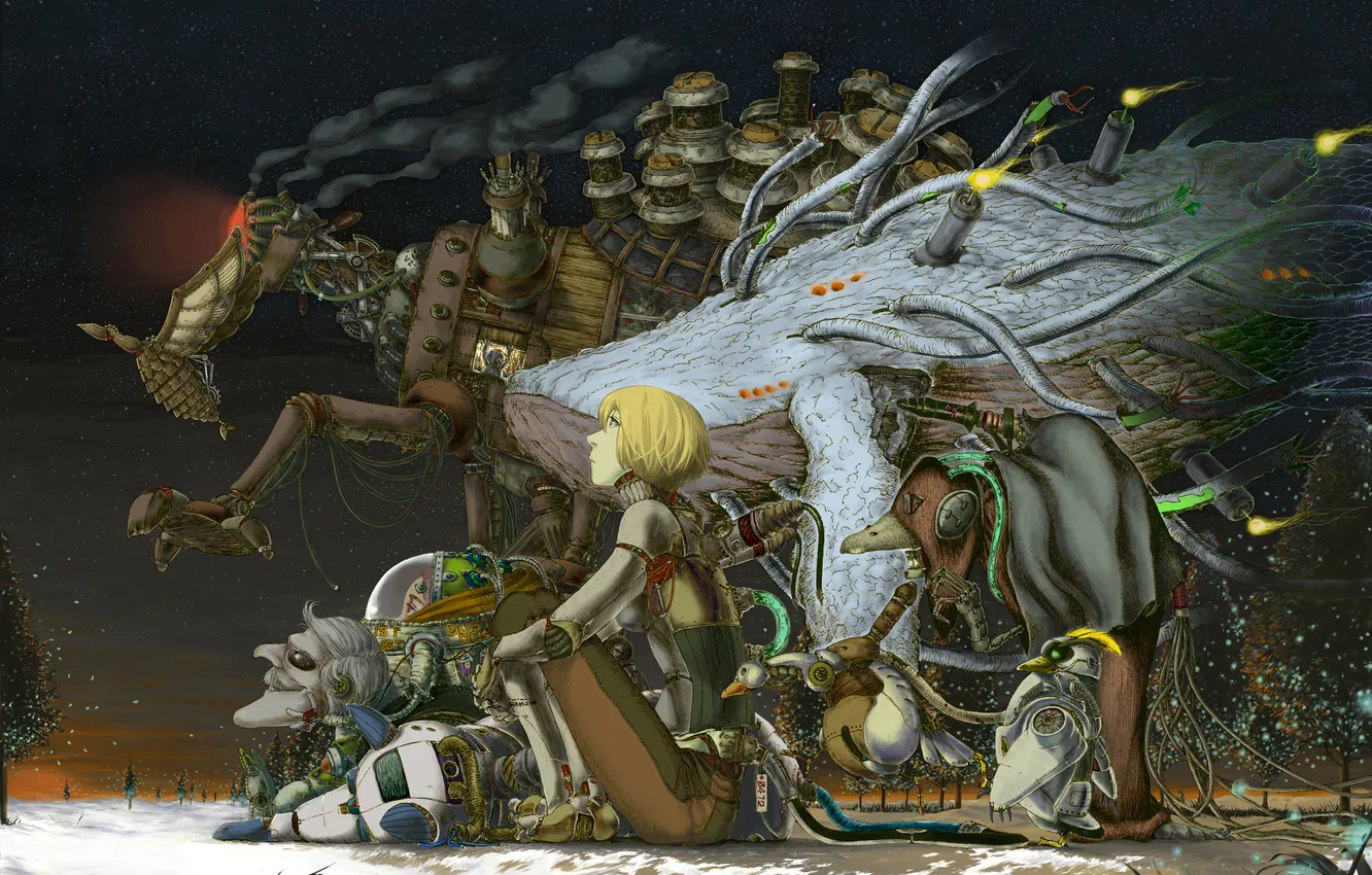 Photo wallpaper girl, snow, trees, night, monster, steampunk