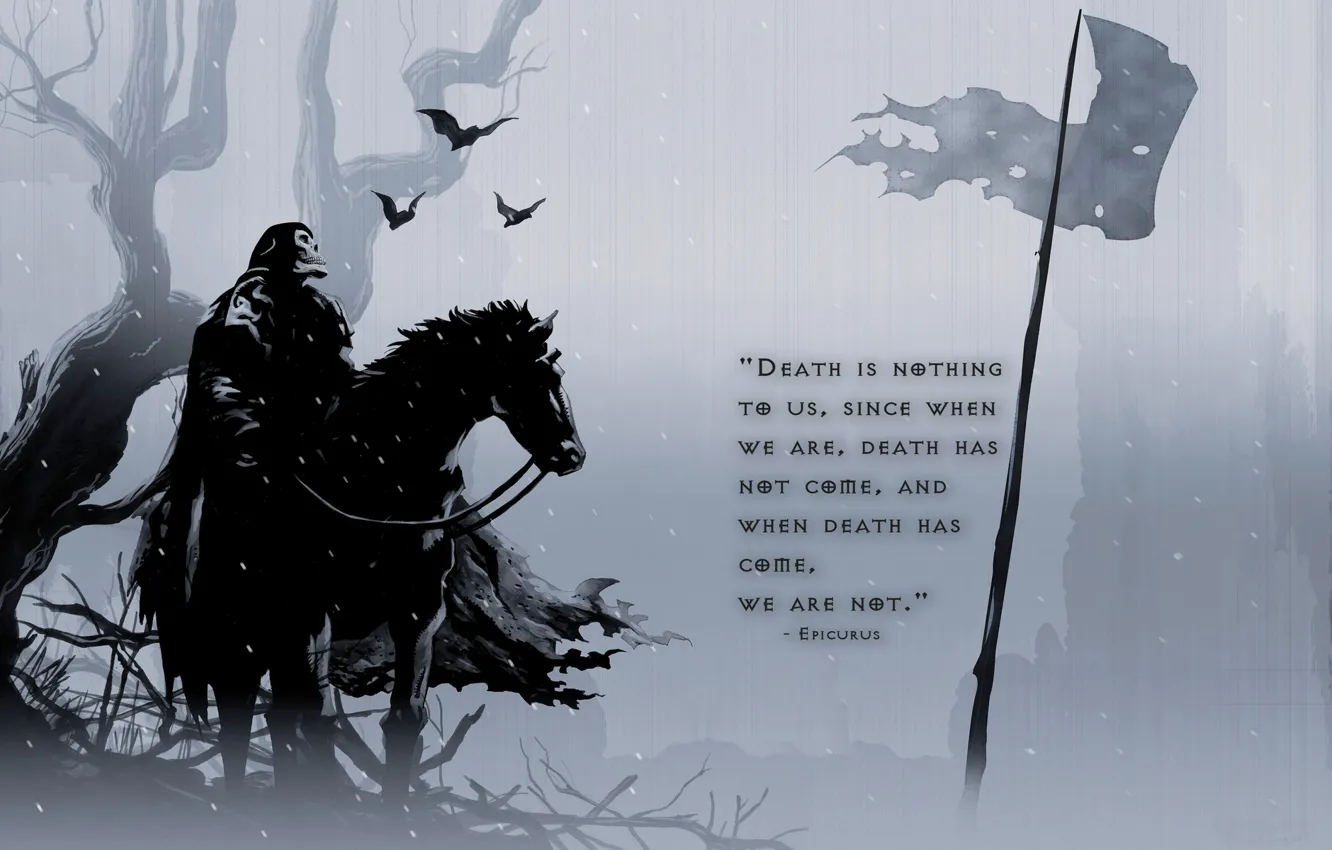 Photo wallpaper death, horse, horse, thoughts, flag, bats, eternity, bat