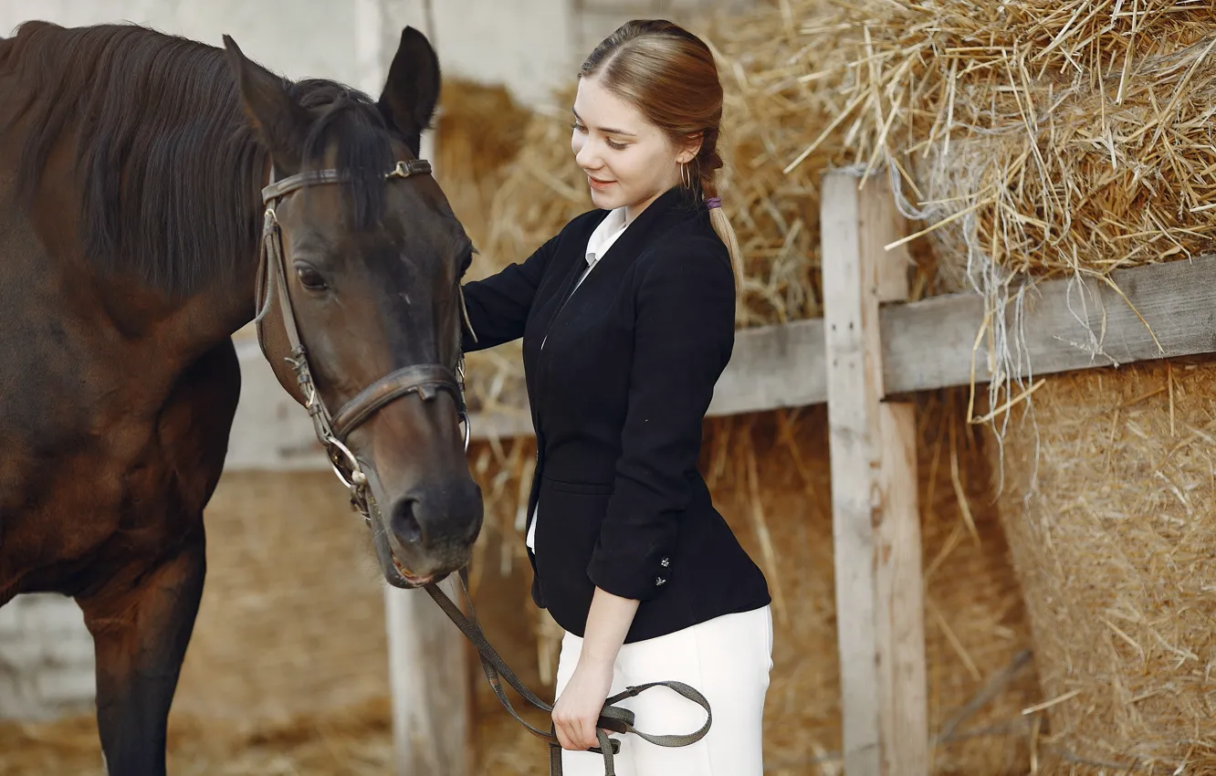 Photo wallpaper look, girl, pose, smile, each, horse, horse, the fence