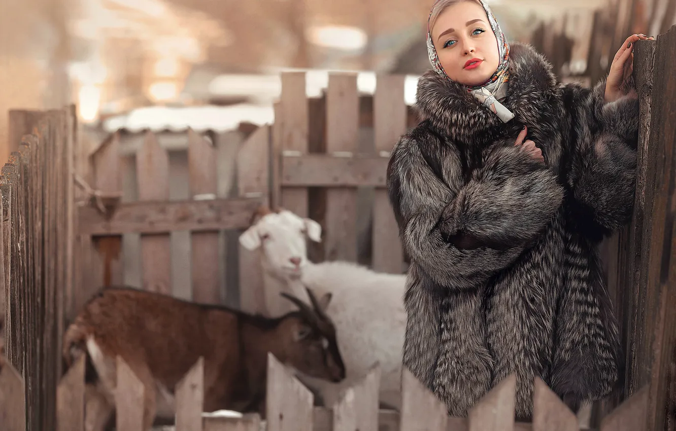 Photo wallpaper look, girl, pose, Board, the fence, makeup, village, yard