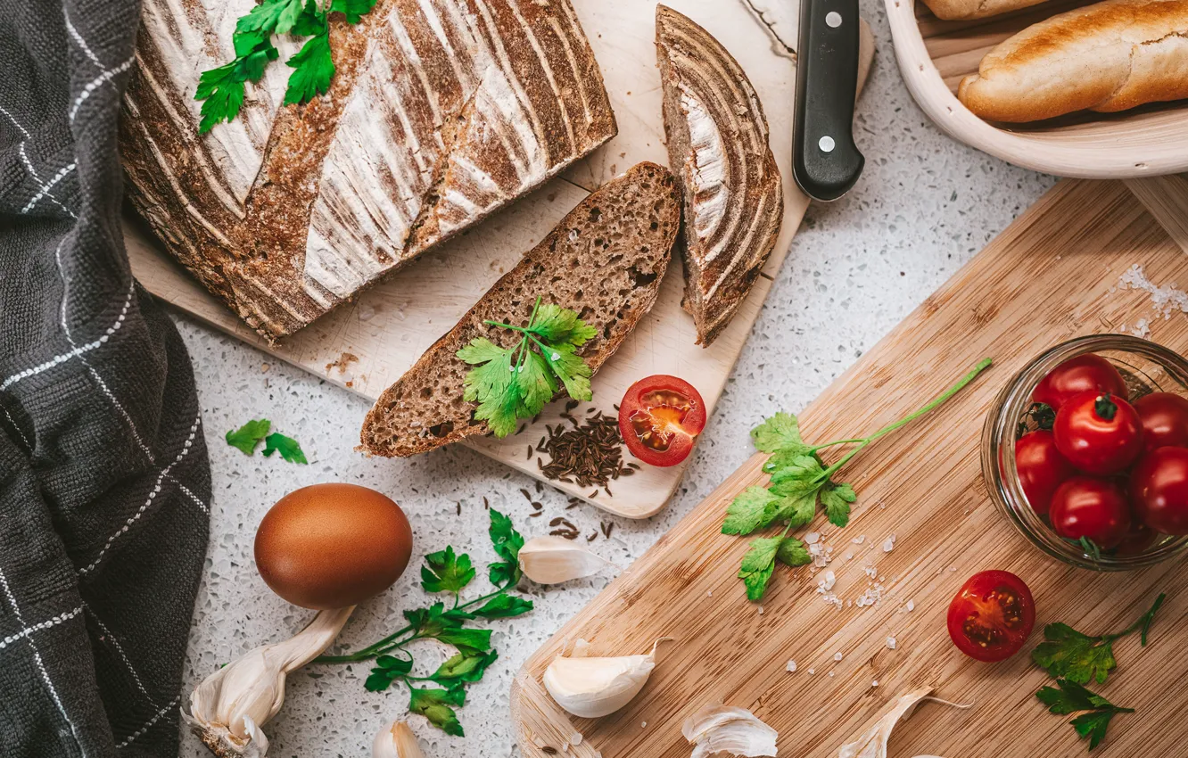 Photo wallpaper greens, Board, eggs, bread, tomatoes, spices