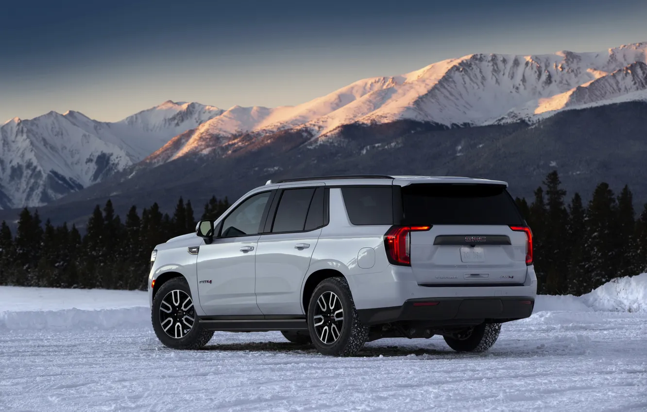 Photo wallpaper GMC, SUV, Yukon, AT4, 2020, 2021, mountains in the background