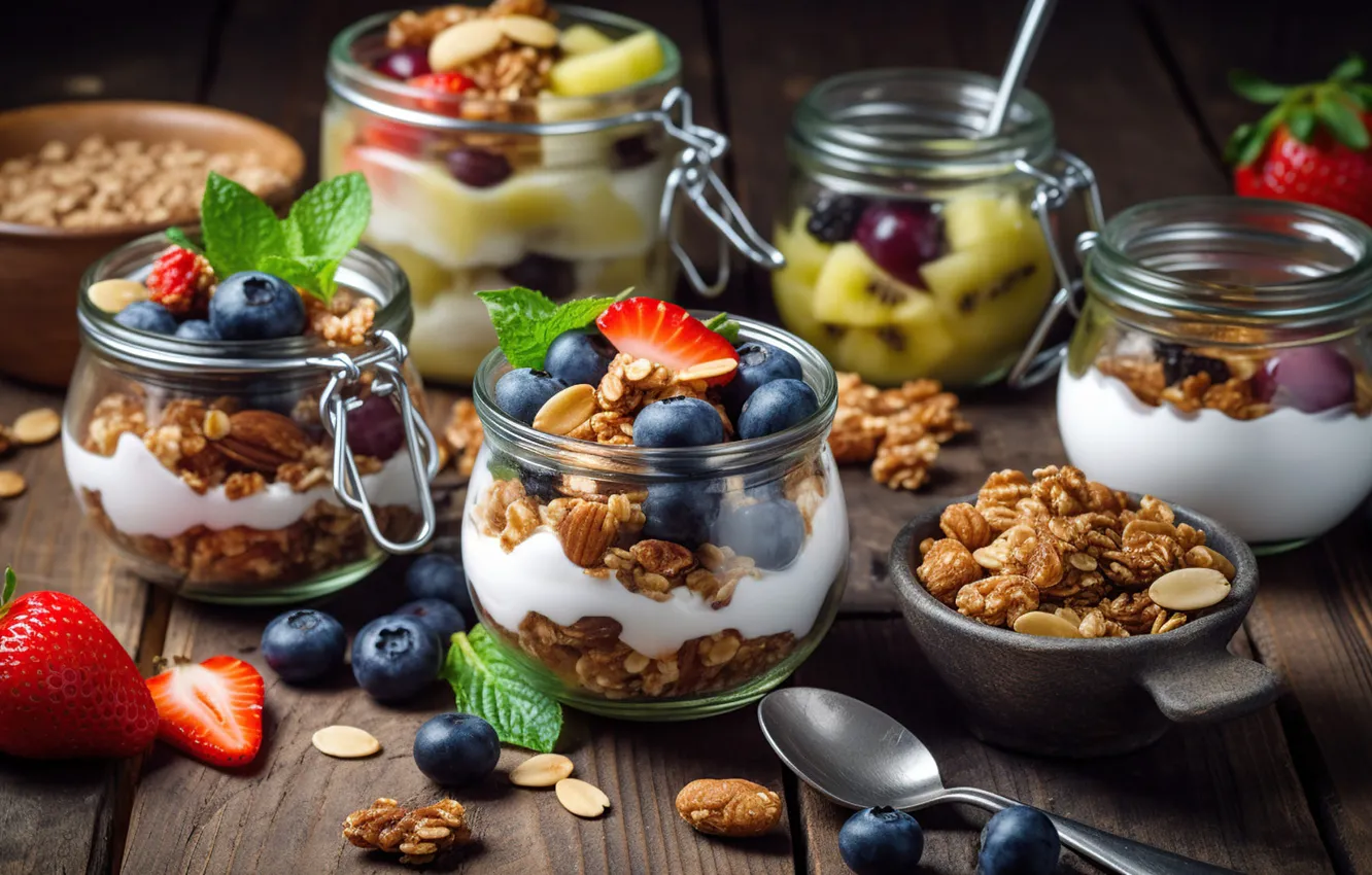 Photo wallpaper berries, blueberries, strawberry, Bank, different, dessert, cereal, muesli