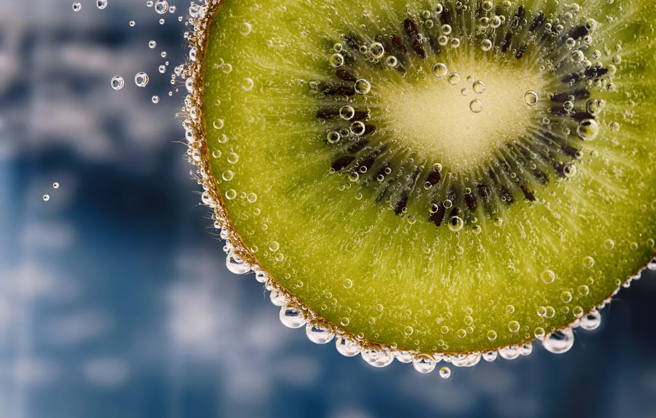 Photo wallpaper green, bubbles, kiwi, blue, macro, food, water, seeds
