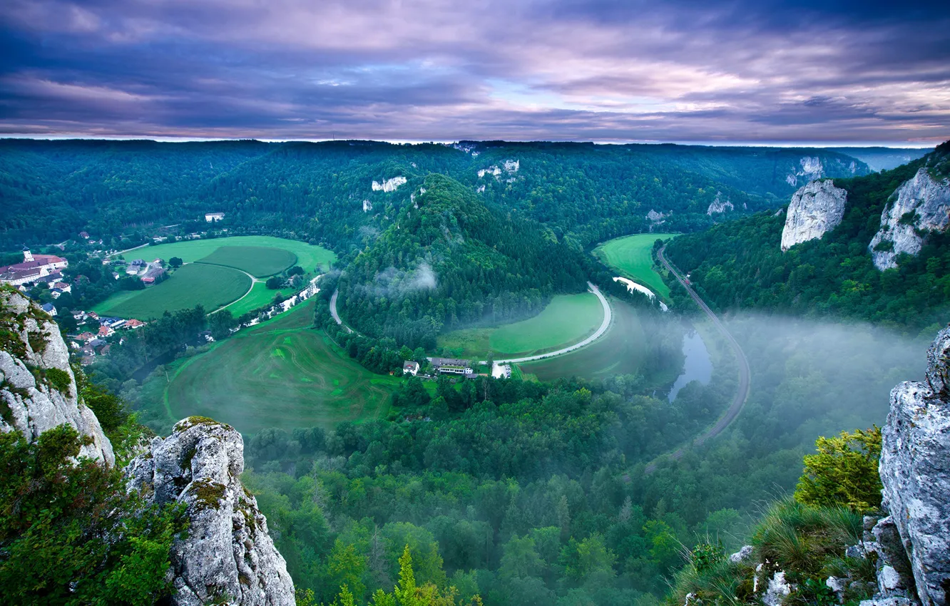 Photo wallpaper greens, field, forest, the sky, clouds, trees, mountains, river