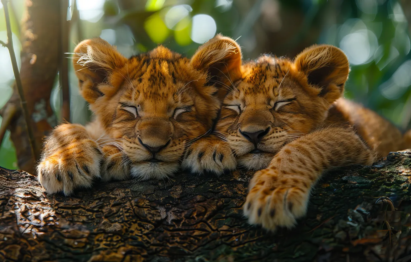 Photo wallpaper trees, sleeping, cub, kitty, two, face, lion, big cats