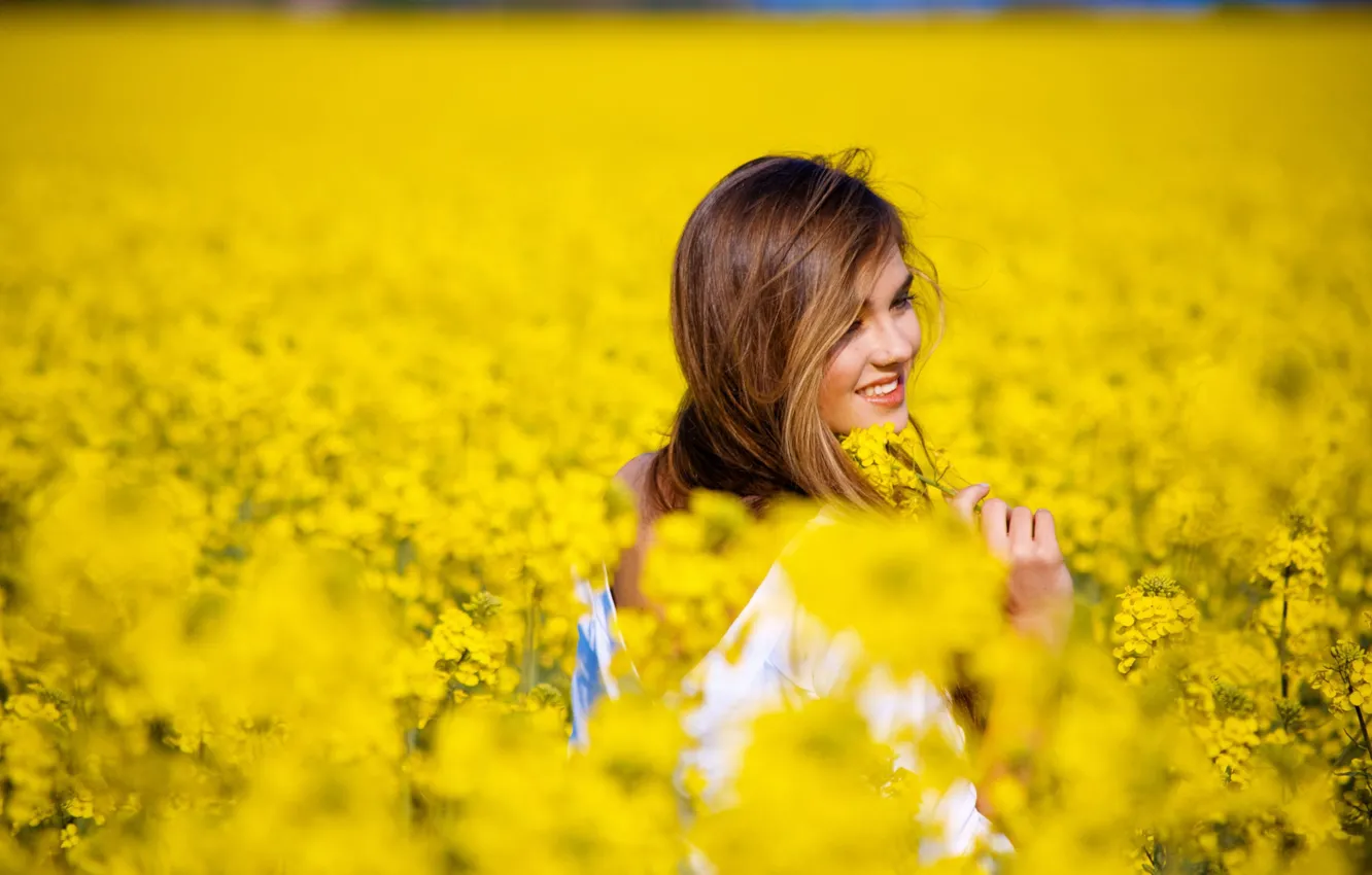 Photo wallpaper field, girl, flowers, smile, background, mood, yellow, flowers