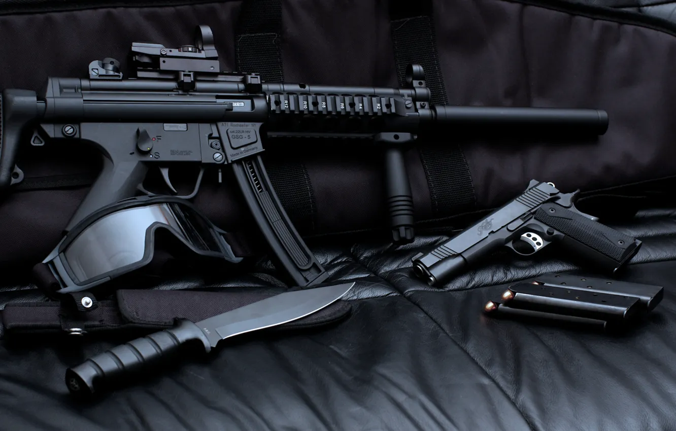 Photo wallpaper gun, mask, knife, machine, rifle, shop
