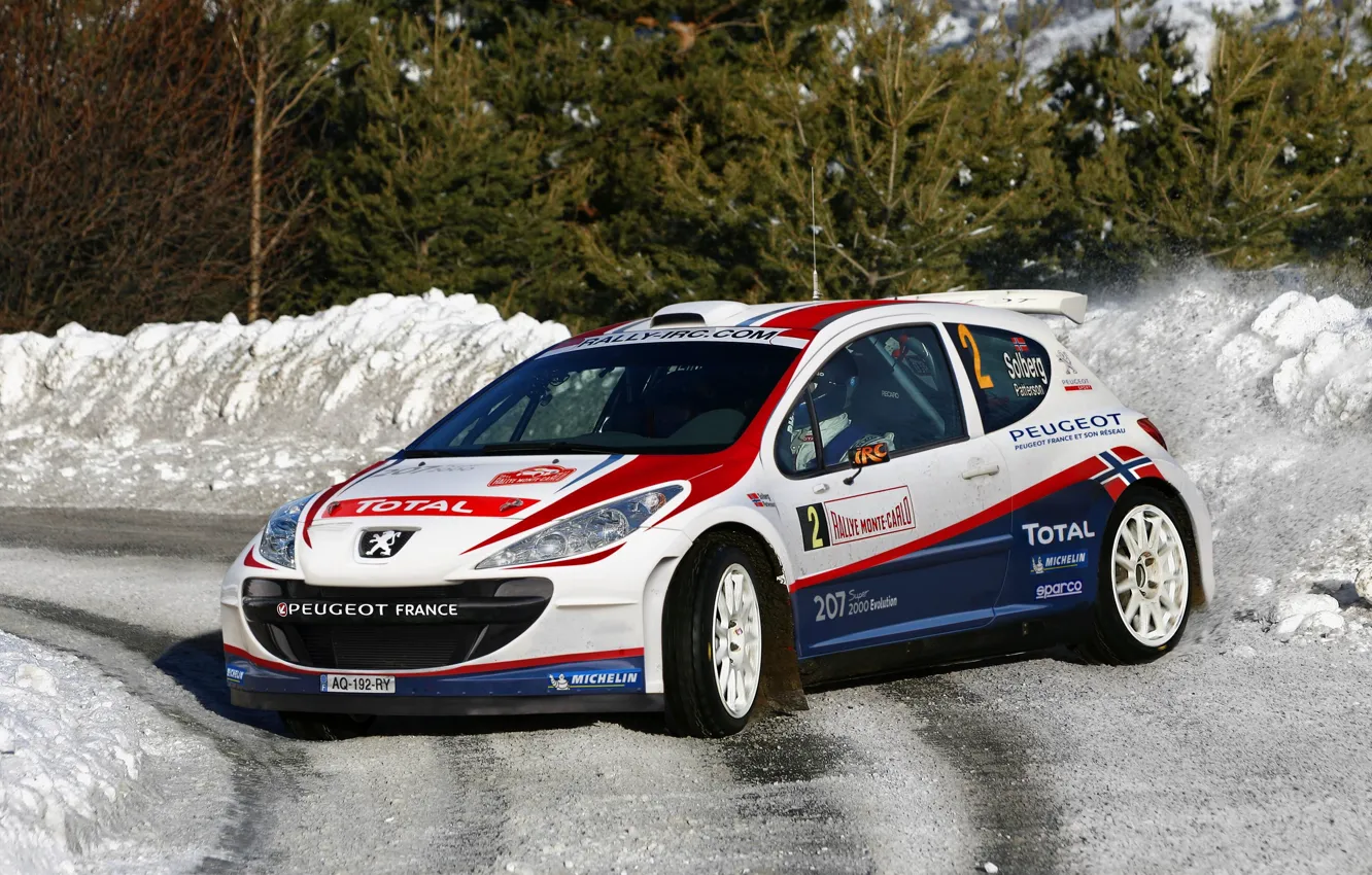 Photo wallpaper Winter, Snow, Sport, Turn, Race, Skid, Peugeot, WRC